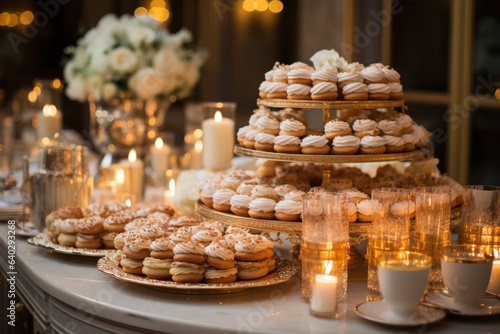 Elegant dessert table with French pastries. at a party or event.