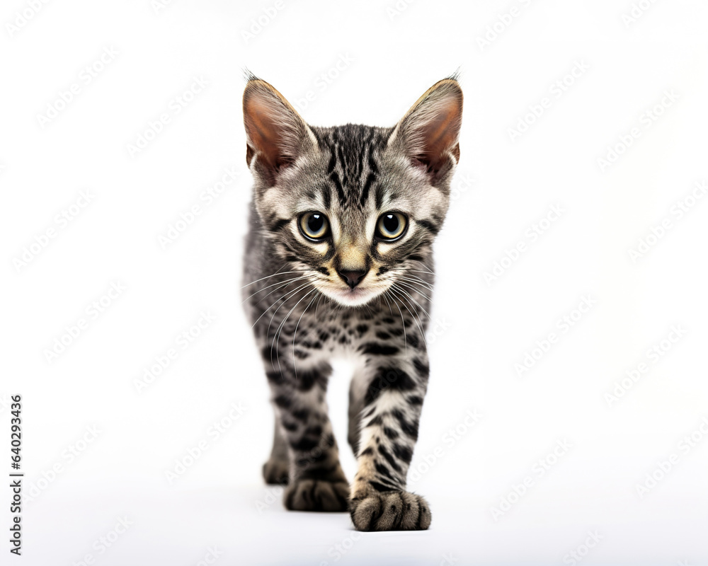 Exotic Black Silver Savannah Kitten: Closeup Portrait on White