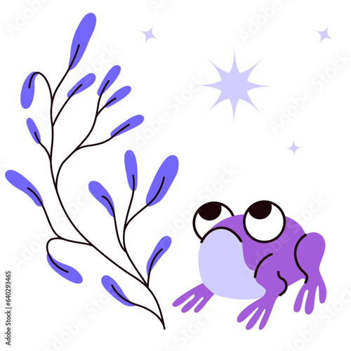 Cute cartoon frog with a twig on a background of stars