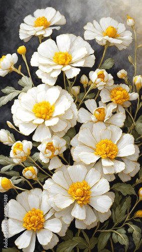 a painting of white and yellow flowers