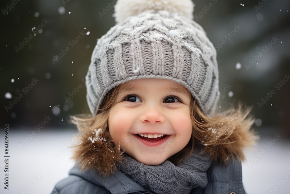 Cute child with happy face wearing a warm hat and warm jacket surrounded with snowflakes. Winter holidays concept. Cute child with happy face wearing a warm hat and warm jacket surrounded with snowflakes. Winter holidays concept.