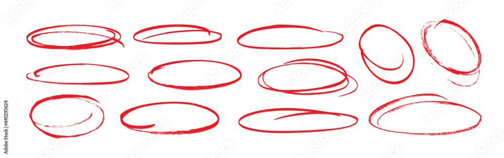 Set of hand drawn red doodle ellipses. Bright red scribble ovals and bubbles to circle and highlight text. Collection of different brush drawn black circles. Marker round elements isolated on white.