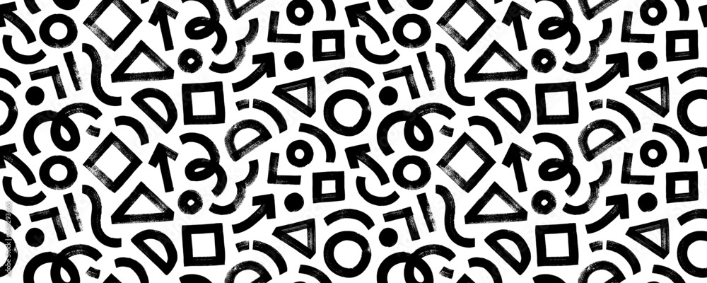 Modern abstract background with primary geometric shapes. Brush drawn circles, triangle, square, arrow and wavy lines. Creative abstract geometric banner background in grunge sketch style.