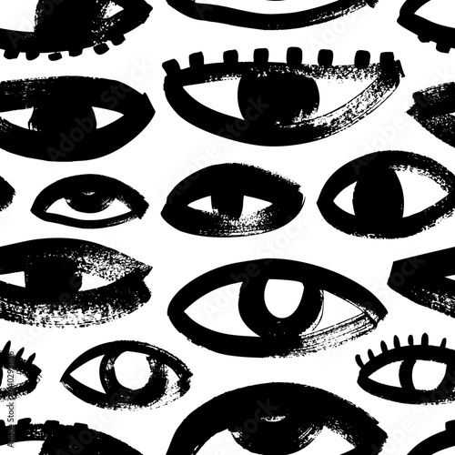 Grunge bold eyes seamless pattern. Brush drawn open black eyes ornament. Magic, mystery symbols in grunge or groovy style. Seamless pattern with quirky cartoon face elements with rough edges.