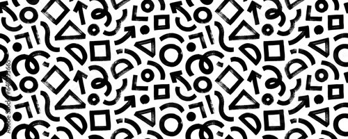 Modern abstract background with primary geometric shapes. Brush drawn circles, triangle, square, arrow and wavy lines. Creative abstract geometric banner background in grunge sketch style.