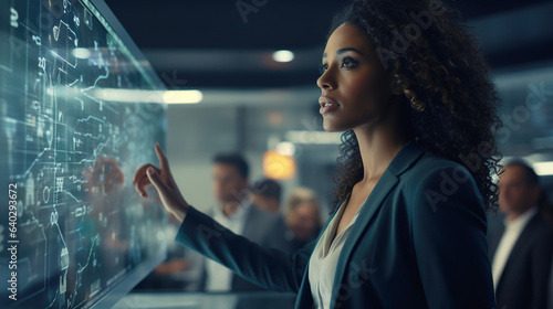 Black female, Chief of data systems, explaining to her team the application of artificial intelligence to their company's processes.