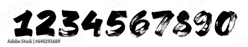 Bold brush drawn grunge numbers. Dirty textured vector numbers. Rough brush strokes. Hand drawn thick digits in grunge modern style. Dry strokes vector texture. Graffiti style writing.