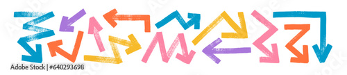 Collection arrow icons with various directions. Bold brush drawn multi colored arrows with lightning shapes. Angled bold brush strokes with scratches. Hand drawn vector grunge direction pointers.