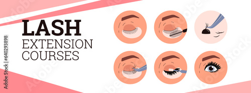 Lash extension courses advertising banner, flat vector illustration.