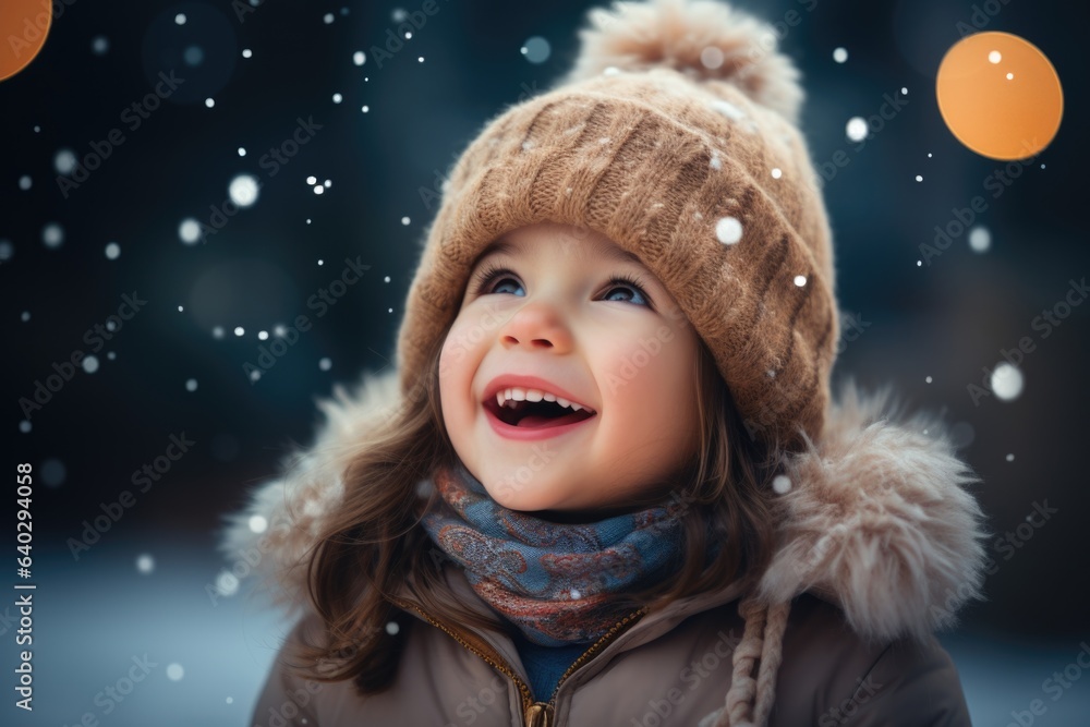 Cute child with happy face wearing a warm hat and warm jacket surrounded with snowflakes. Winter holidays concept. Cute child with happy face wearing a warm hat and warm jacket surrounded with snowflakes. Winter holidays concept.