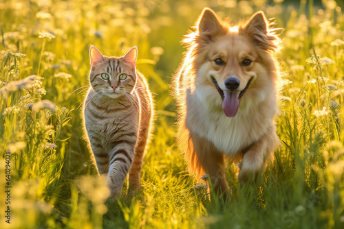 Cheerful of furry friends cat and dog walking in a summer meadow. © JKLoma