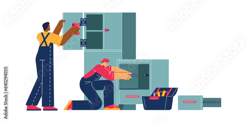 Furniture assembly service, two workers with screwdriver and turn-screw assembling closet, flat vector illustration