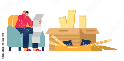 Confused man reading instruction for furniture assembly, flat vector illustration isolated on white background.