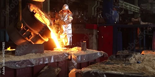 Liquid iron molten metal pouring in container, industrial metallurgical factory, foundry cast, heavy industry