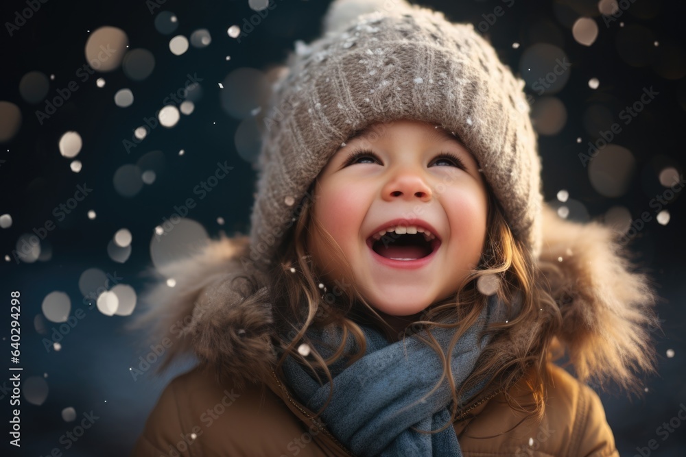 Cute child with happy face wearing a warm hat and warm jacket surrounded with snowflakes. Winter holidays concept. Cute child with happy face wearing a warm hat and warm jacket surrounded with snowflakes. Winter holidays concept.