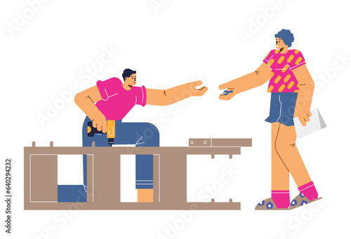Worker man with screwdriver assembling or dismantling furniture cupboard, woman gives screw flat vector illustration