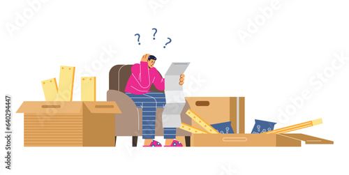 Man sitting on armchair and confused by assembly manual, large boxes of furniture pieces vector cartoon illustration