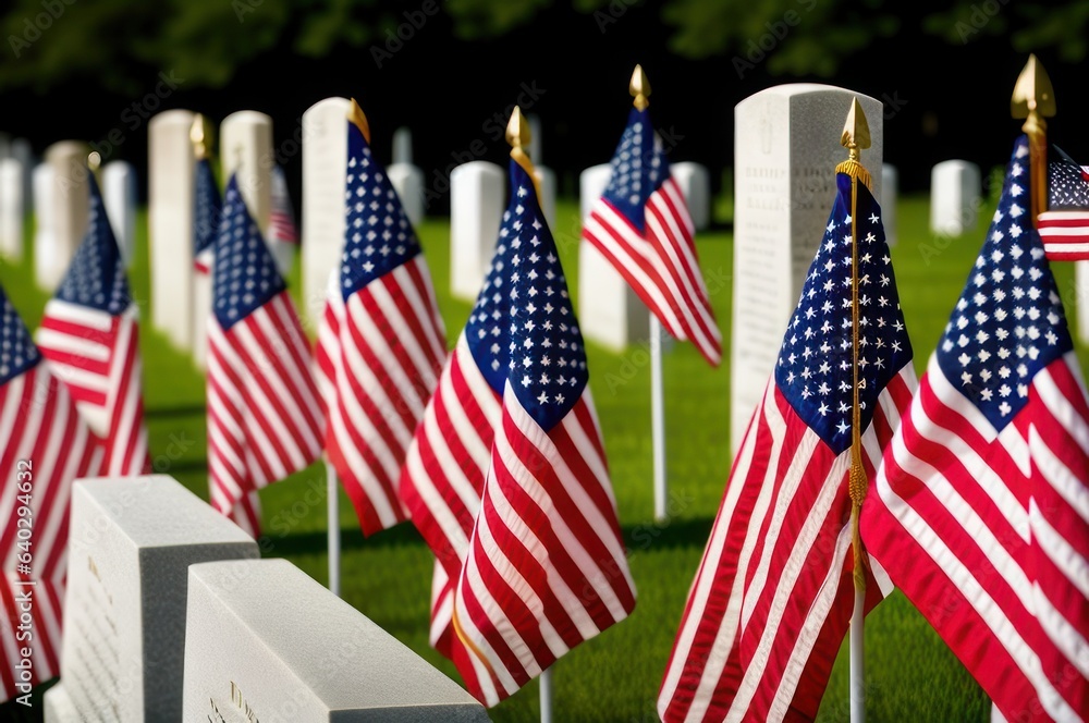 Flags on grave stones for memorial day remembrance at a cemetery. View