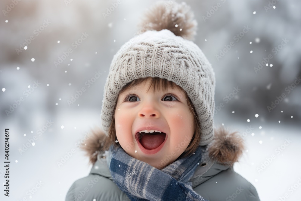 Cute child with happy face wearing a warm hat and warm jacket surrounded with snowflakes. Winter holidays concept. Cute child with happy face wearing a warm hat and warm jacket surrounded with snowflakes. Winter holidays concept.