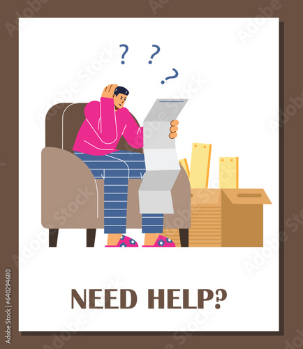 Man sitting on armchair, confused by assembly manual, large boxes of furniture pieces, vector cartoon poster Need help