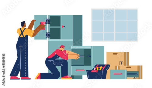 Team of handymen assembling furniture, flat vector illustration isolated on white background.
