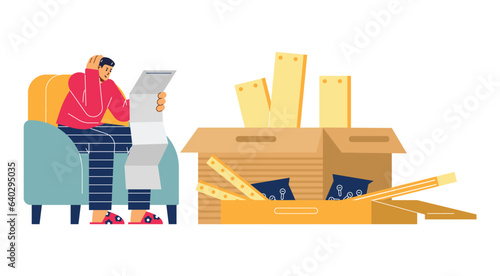 Man sitting on a chair and confused by assembly instruction, large boxes of furniture pieces vector cartoon illustration