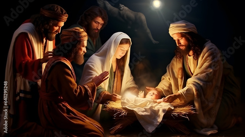 Scene of the birth of Jesus. Christmas nativity scene. photo