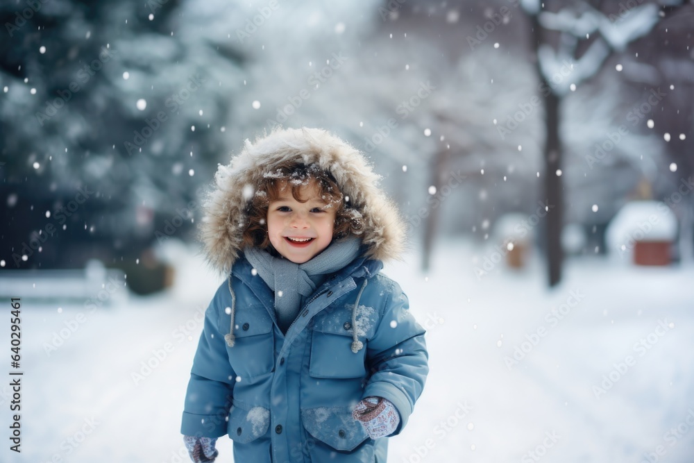 Cute child with happy face wearing a warm hat and warm jacket surrounded with snowflakes. Winter holidays concept. Cute child with happy face wearing a warm hat and warm jacket surrounded with snowflakes. Winter holidays concept.