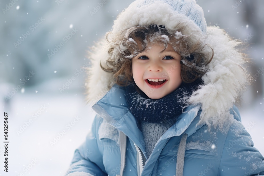 Cute child with happy face wearing a warm hat and warm jacket surrounded with snowflakes. Winter holidays concept. Cute child with happy face wearing a warm hat and warm jacket surrounded with snowflakes. Winter holidays concept.
