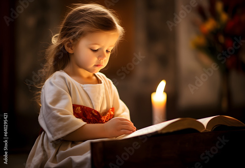 Little girl reading holy bible book. Worship at church.