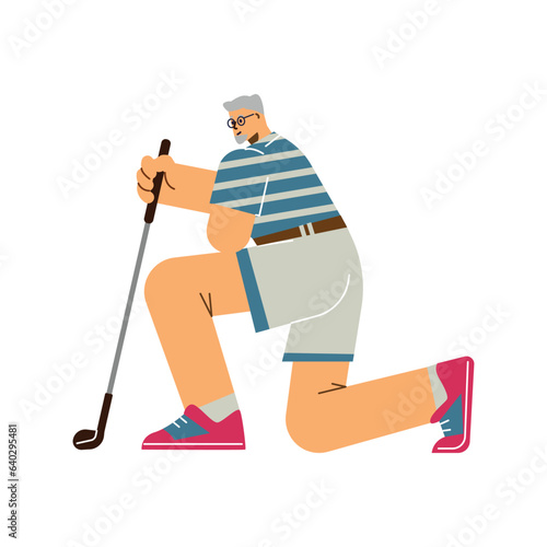 Gray-haired old man playing golf, knelt down with club sport leisure activity, healthy hobby isolated vector illustration