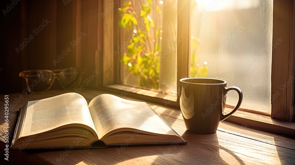 Morning coffee with an open book and sunlight streaming through the window, generated by AI