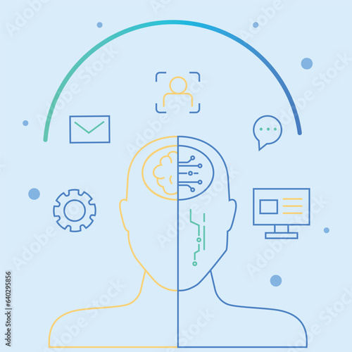 AI vs human.  Concept business disruptive illustration. Vector outline design. AI artificial intelligence versus human intelligence in different buisness tastks. Poster. Android. Robot. EPS 10