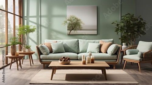 Stylish Scandinavian living room with design mint sofa furniture's mock up poster map plants © Newton