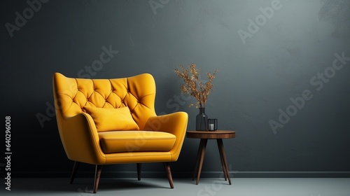 Yellow armchair on empty dark wall background