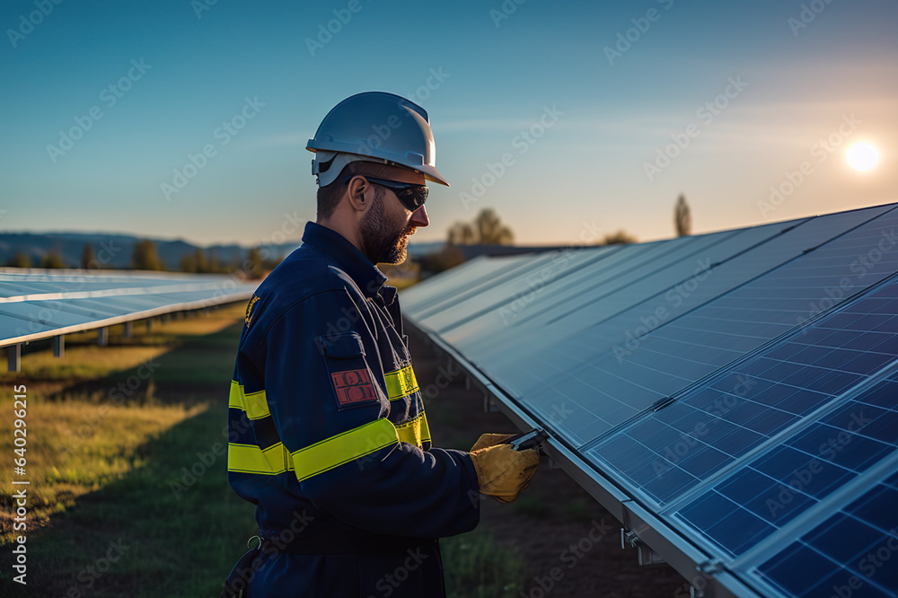 Innovating Sustainability Engineer in Uniform Uses Tablet to Control Solar Cell Farm for Clean Energy Generation. created with Generative AI Innovating Sustainability Engineer in Uniform Uses Tablet to Control Solar Cell Farm for Clean Energy Generation. created with Generative AI