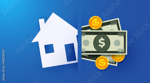 Paper house symbol and money. Concept of renting or buying a real estate.
