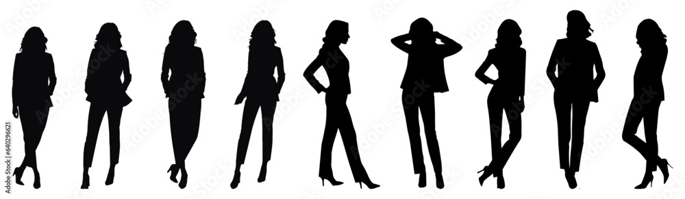 set of silhouettes of business woman standing. isolated on a transparent background. eps 10