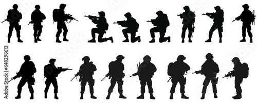 set of silhouettes army holding a gun weapon. isolated on a transparent background. eps 10