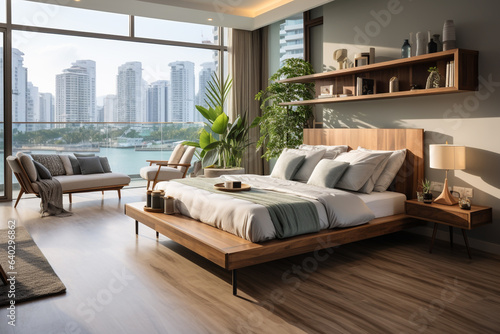 Illustration of contemporary bedroom design with the latest trending style. Lighting in the room from the wide window on the side of the room.