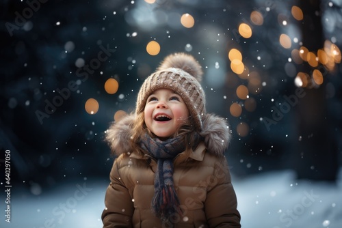 Fototapete Cute child with happy face wearing a warm hat and warm jacket surrounded with snowflakes