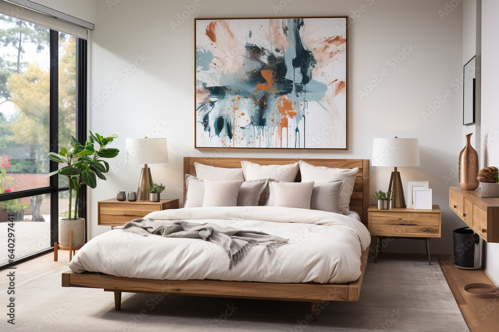 Illustration of contemporary bedroom design with the latest trending style. Lighting in the room from the wide window on the side of the room.