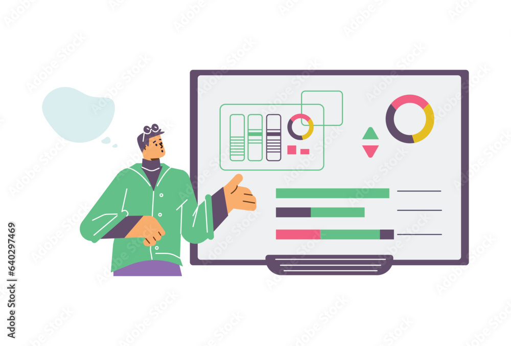 Presenter showing report with graphs on whiteboard, flat vector illustration isolated on white background. Presenter showing report with graphs on whiteboard, flat vector illustration isolated on white background.