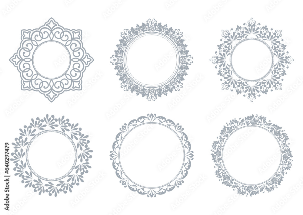 Set of decorative frames Elegant vector element for design in Eastern style, place for text. Floral gray and white borders. Lace illustration for invitations and greeting cards Set of decorative frames Elegant vector element for design in Eastern style, place for text. Floral gray and white borders. Lace illustration for invitations and greeting cards