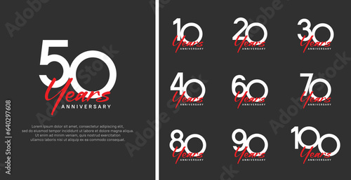 set of anniversary logo flat white color number and red text on black background for celebration