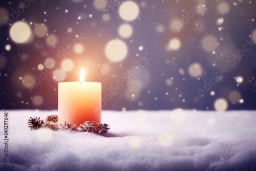 burning Christmas candle, Christmas background banner concept with defocused lights