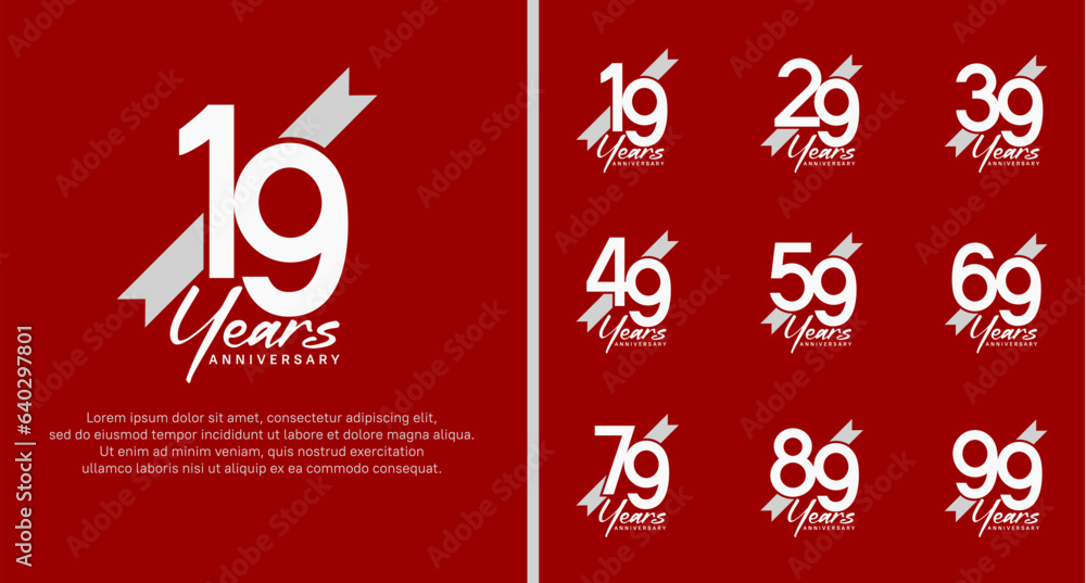 set of anniversary logo white color number and white ribbon on red background for celebration set of anniversary logo white color number and white ribbon on red background for celebration