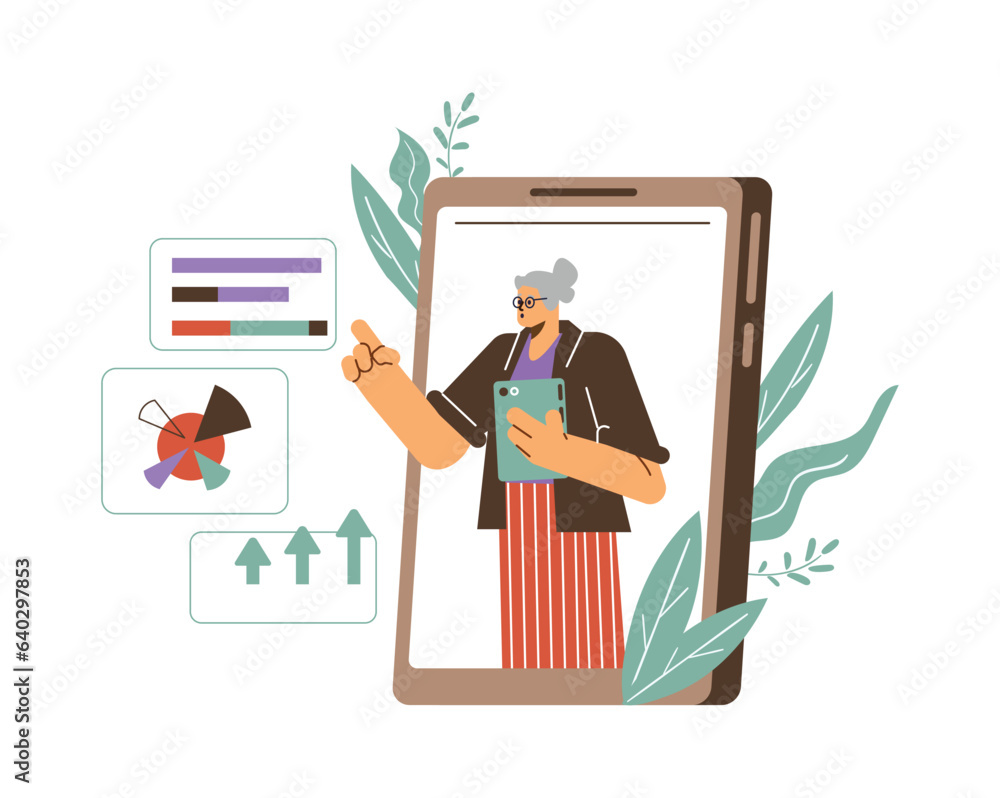 Business woman in tablet screen presenting statistics charts diagrams, information finance marketing vector illustration