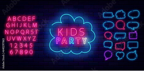 Kids party neon label. Speech bubbles frames collection. Handwritten colorful text. Vector stock illustration