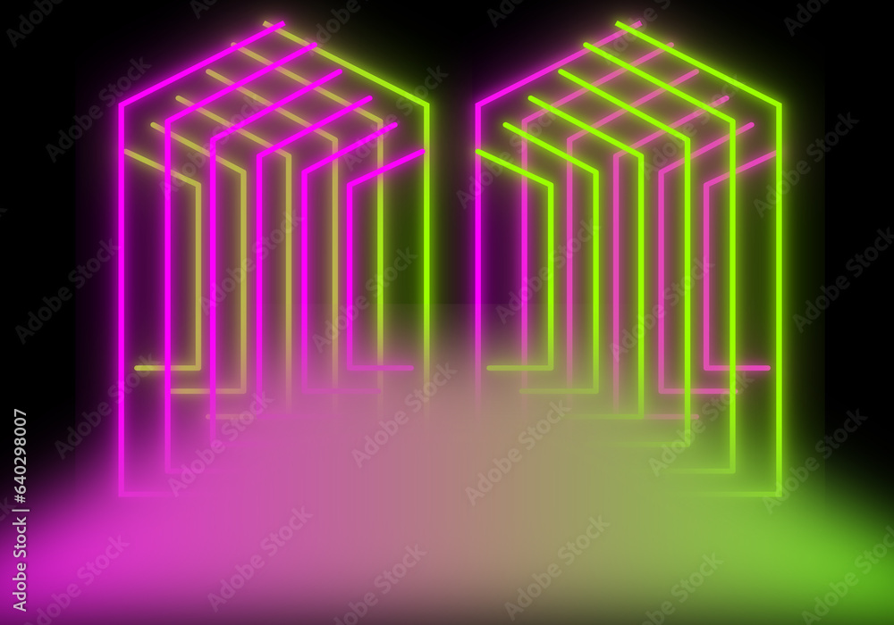 3d render abstract Neon lines triangles tunnel, Square rectangle picture frame with two tone neon color motion graphic on isolated black background. 3d render abstract Neon lines triangles tunnel, Square rectangle picture frame with two tone neon color motion graphic on isolated black background.
